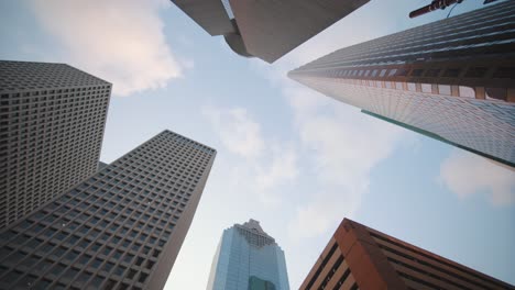 Low-angle-view-of-skyscrapers-in-downtown-Houston,-Texas