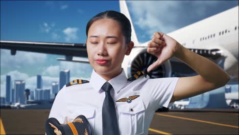 close up of asian woman pilot showing thumbs down gesture to camera while standing in airfield with airplane on background