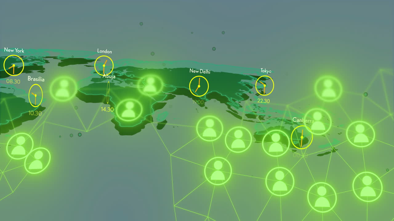 빛나는 녹색 아이콘과 시간대를 가진 세계 지도, 글로벌 통신 네트워크를 묘사합니다.