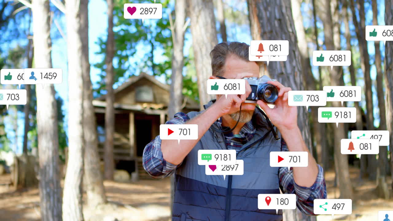 male photographer with camera capturing forest cabin, showing floating social media icons and stats