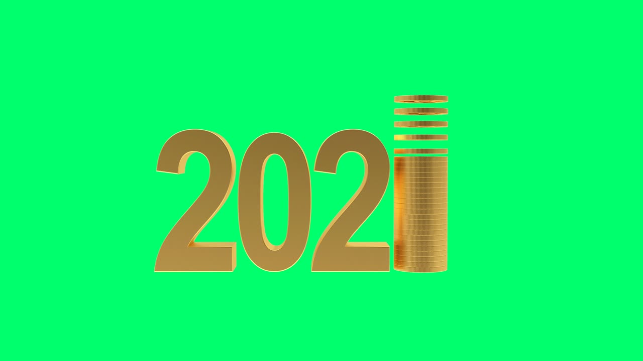 3D-Animation von 2021 und fallenden Münzen auf einem Greenscreen. 4K.