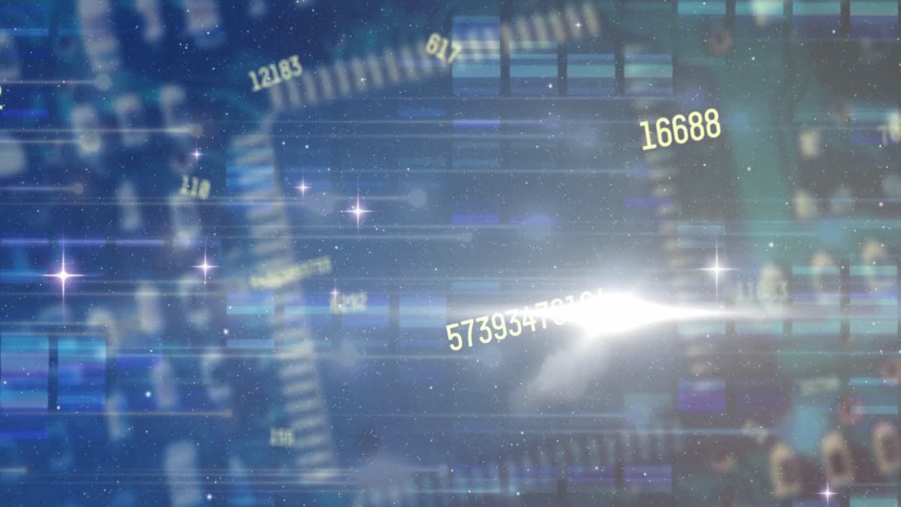 Animation of changing numbers, mosaic squares and light spot over close up of a circuit board