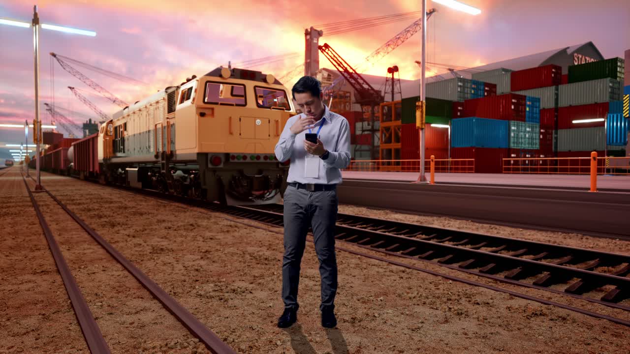 Full Body Of Asian Male Professional Worker With His Smartphone With Freight Cargo Train At Port, He Is Nodding His Head With Dissapionted