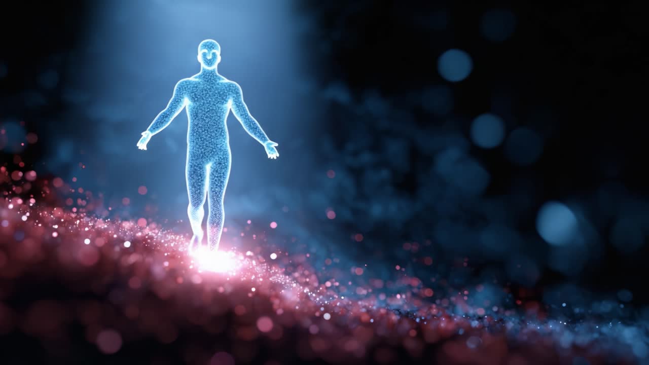 輝かしい人影が宇宙を背景に立ち、魅惑的な色彩と幽玄な粒子を放ちながら光を放射し、超越と驚異の感覚を体現しています。