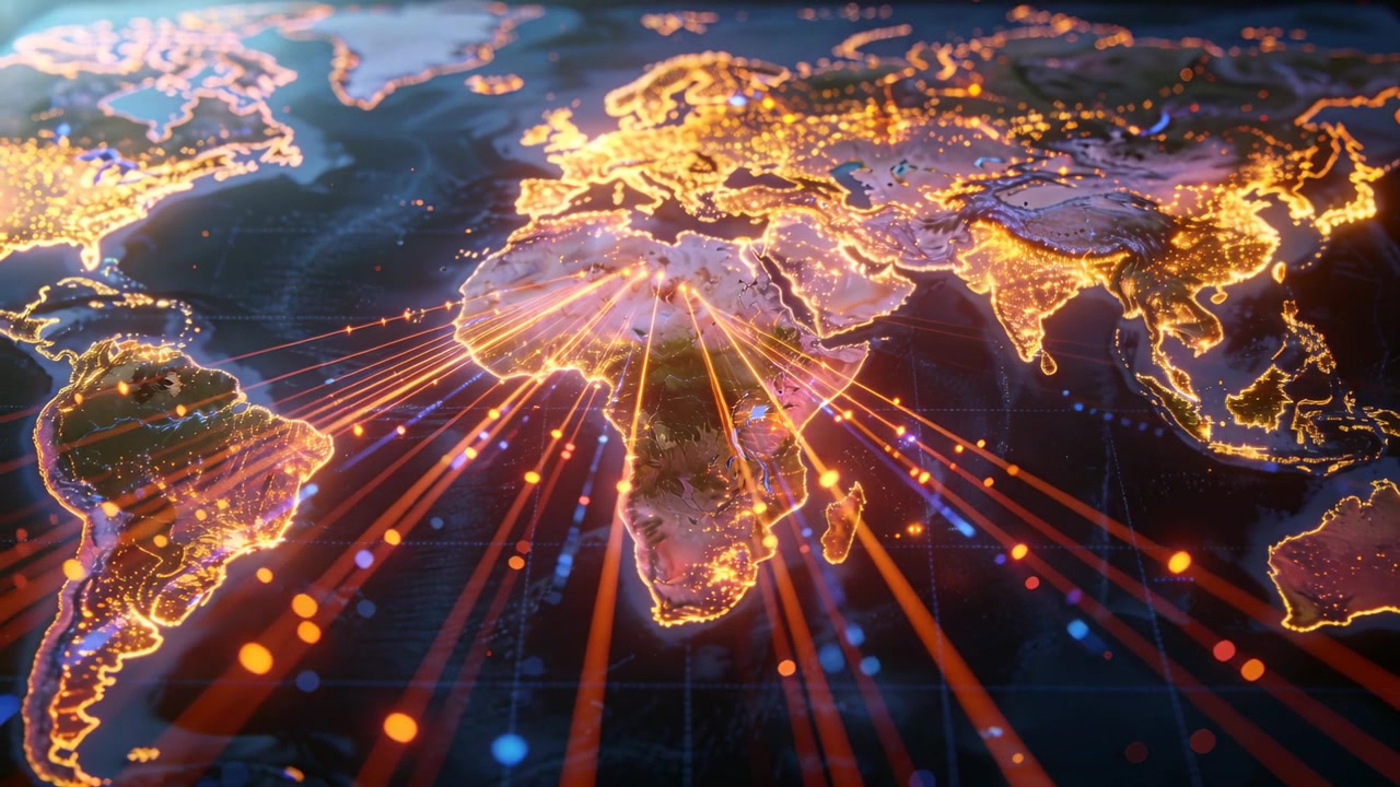 Animación que comienza con un globo 3D emitiendo haces y nodos desde África en un mapa, visualizando el flujo.