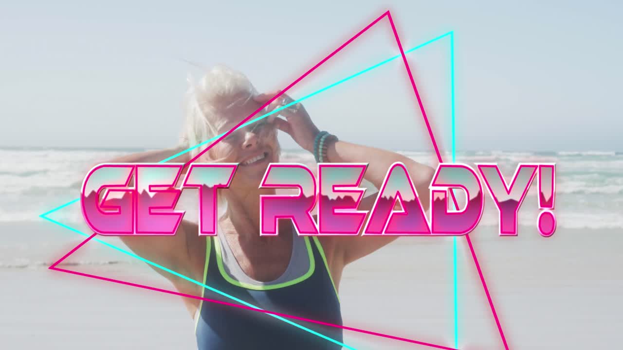 animación del texto prepárate, en rosa brillante, sobre una mujer mayor sonriendo en la playa