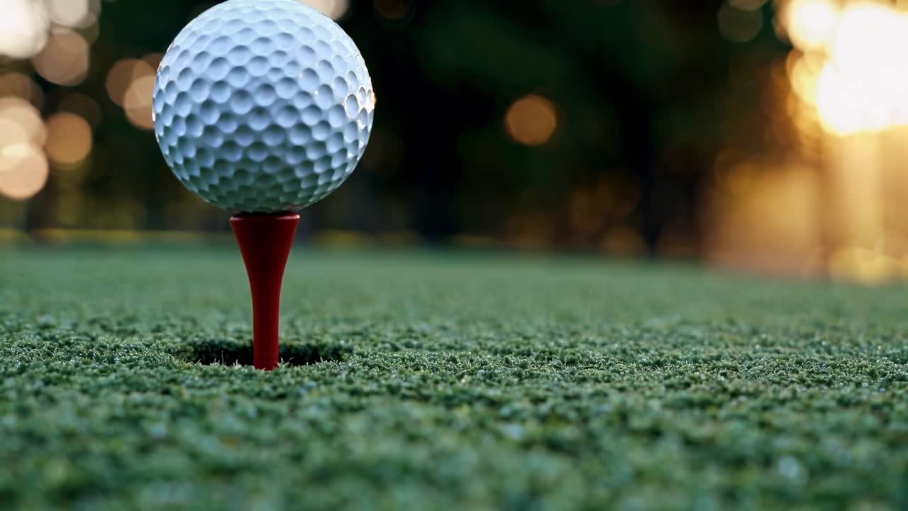 Primo piano di una pallina da golf su un tee al tramonto, ripresa da un angolo basso