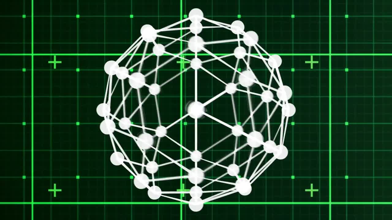 체크된 초록색과 검은색 공간 위에서 회전하는 분자의 애니메이션