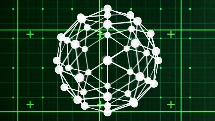 Animation of molecule rotating over checked green and black space
