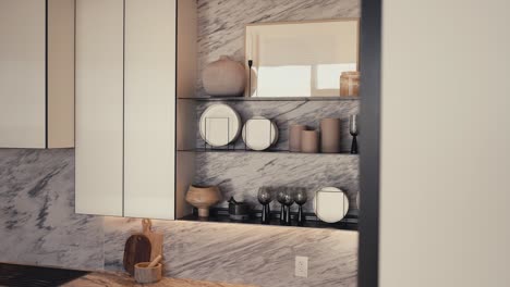 shelves inside of a kitchen housing modern plates, cups, and art in the kitchen of a luxury home