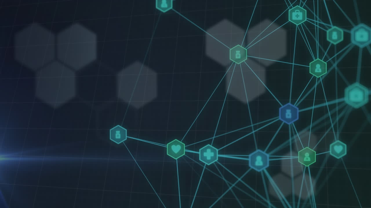 animación de globo de iconos médicos, formas hexagonales y rastros de luz contra un fondo azul