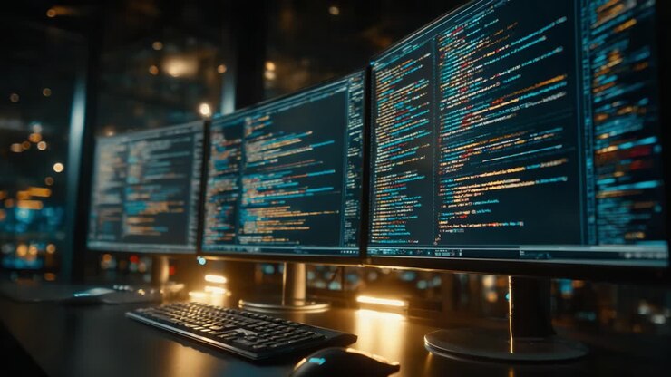 A Glimpse into a Modern Tech Environment Featuring Three High-Resolution Monitors Displaying Vibrant Lines of Code in a Darkened Room with Soft Lighting
