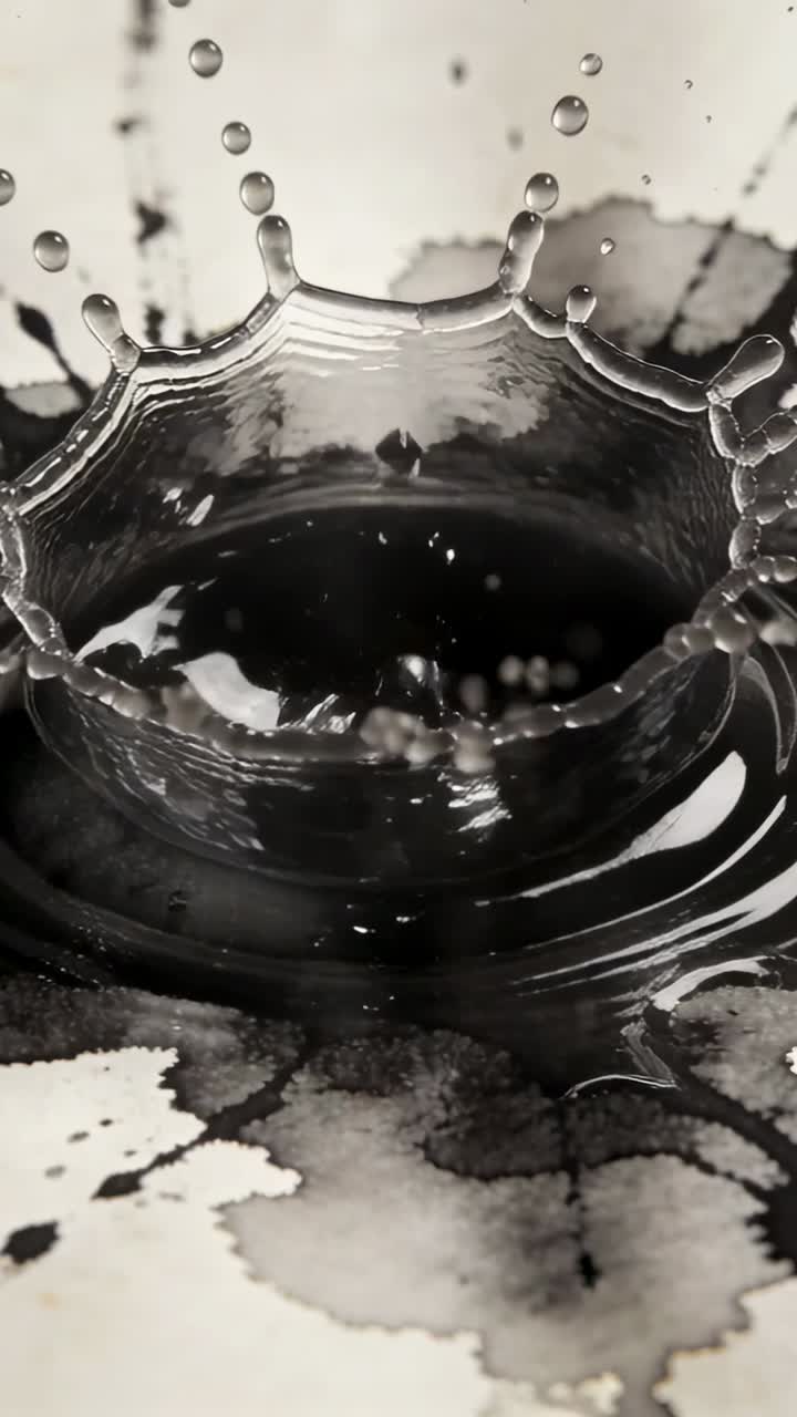 Vertical video: Dropping ink drops under gravity, dark liquid forming crown splash and jet on paper
