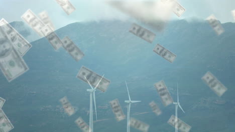 falling dollar bills animation over wind turbines in mountainous landscape