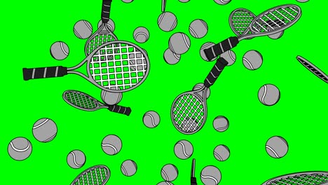 toon style gray tennis balls and tennis rackets on green chroma key background.