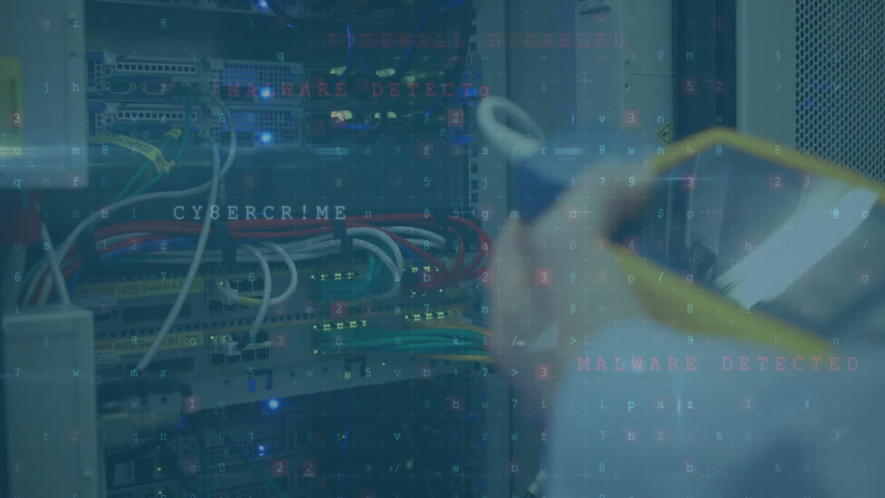 Animation of digital data processing over caucasian it man with device by computer servers