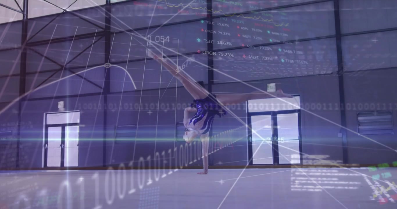 Teen gymnast holding prop shifting and doing inverted pass for score data graphs sweeping over body