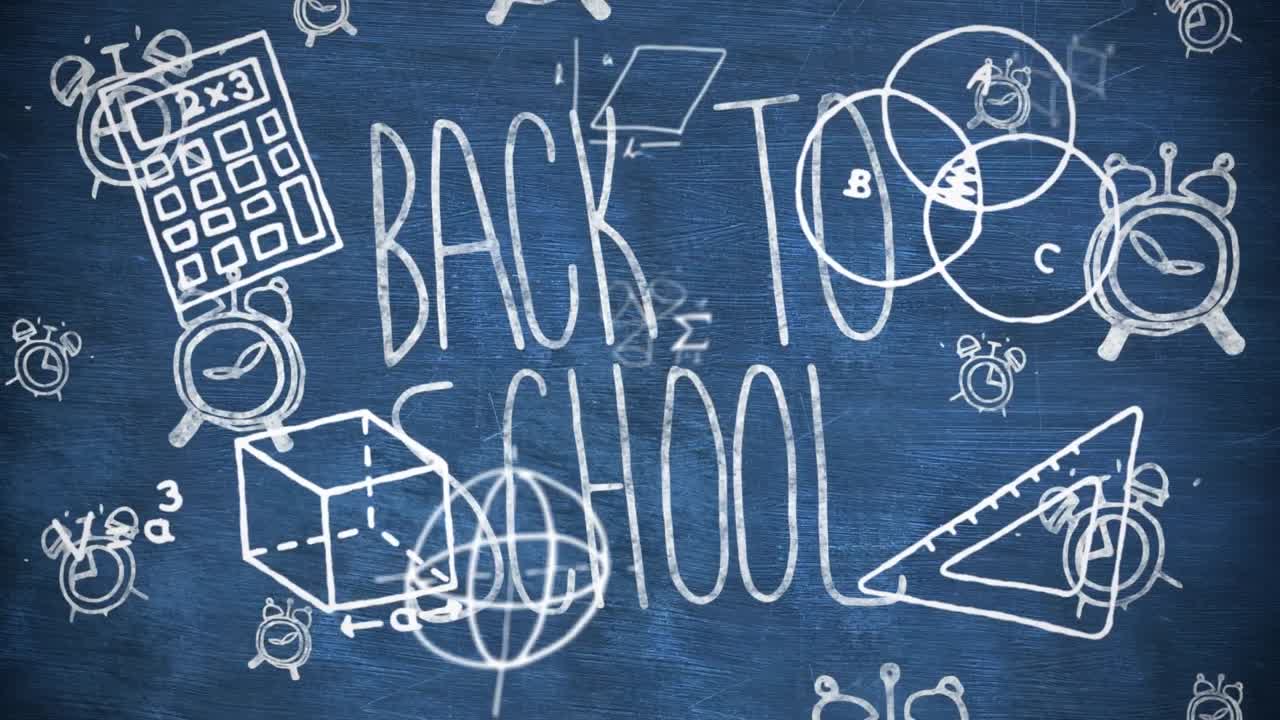 수학적 기호와 방정식이 학교 텍스트와 학교 개념 아이콘에 대해 떠다니고 있습니다.