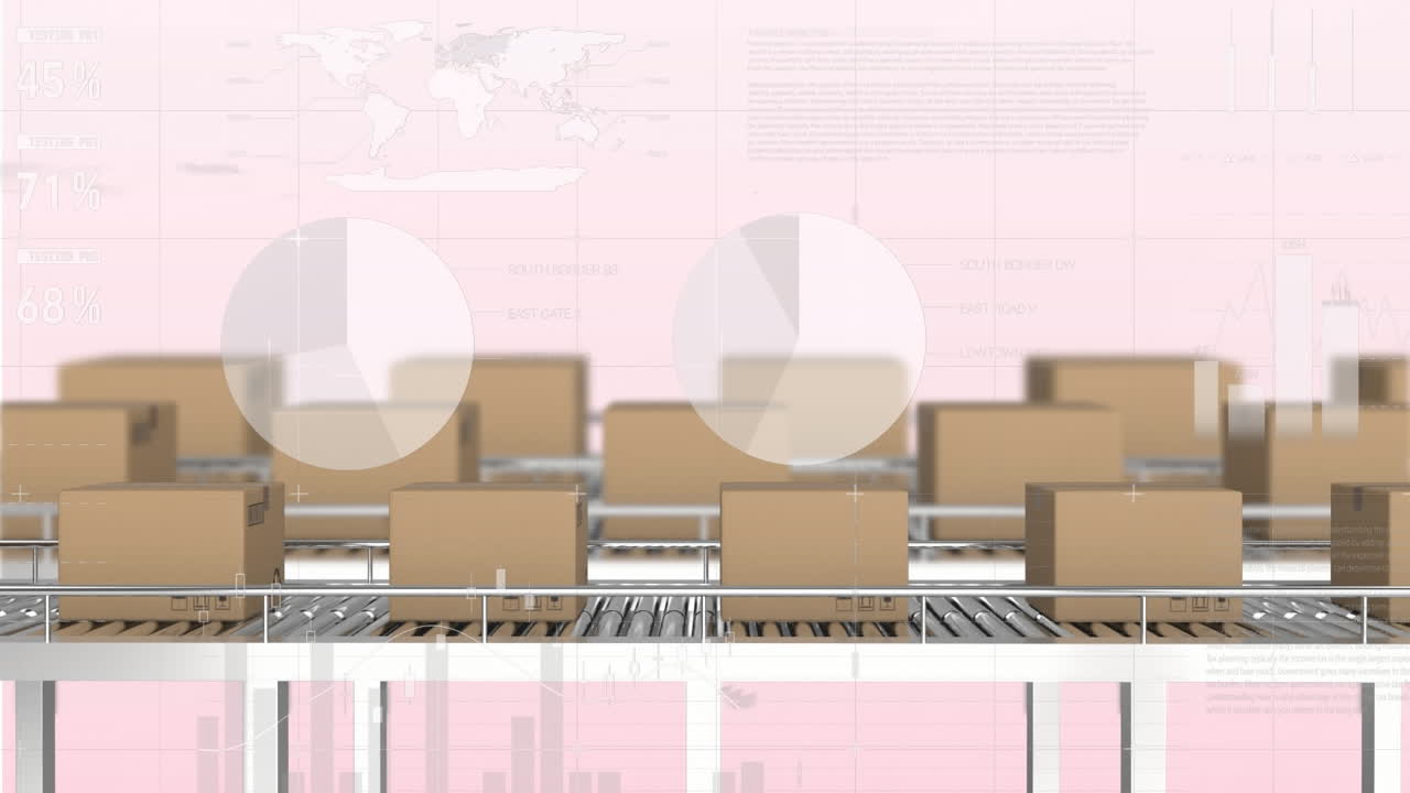 анимация обработки статистических данных над коробками на конвейерной ленте на розовом фоне