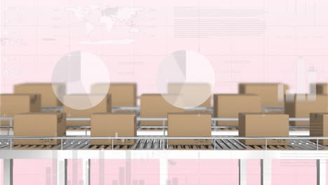 animación del procesamiento de datos estadísticos sobre cajas en una cinta transportadora contra un fondo rosado