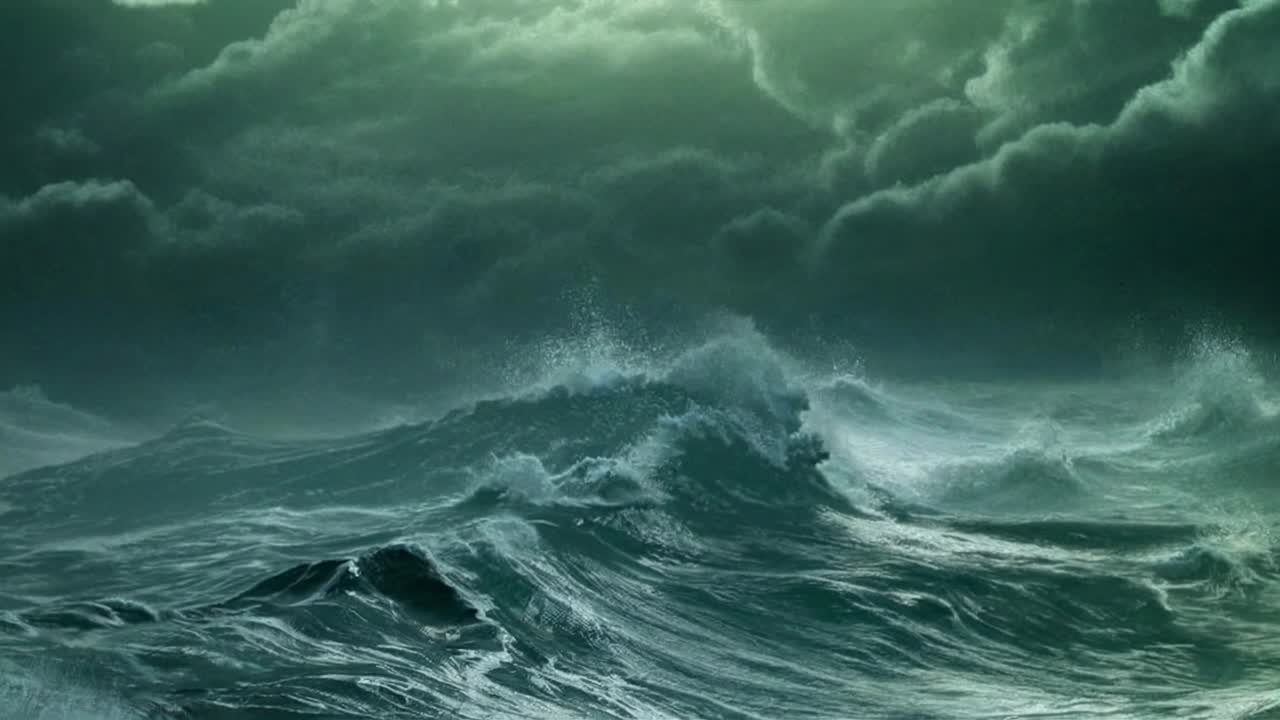Dramatic video scene of turbulent ocean waves under stormy skies