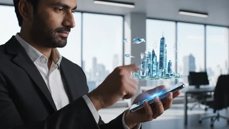 professional man interacting with futuristic smart city hologram from smartphone