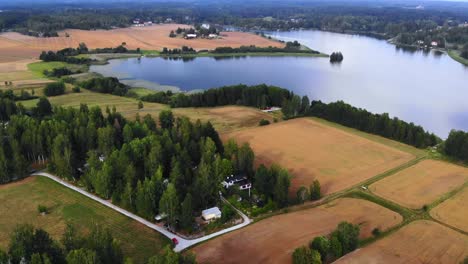 drone shot parallel sideways over field and lake in sweden