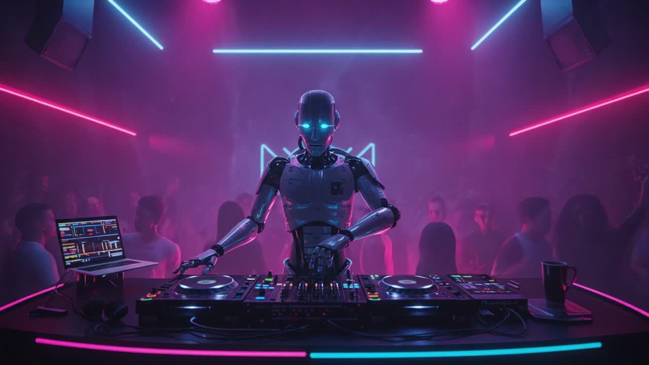 A Futuristic DJ Robot Energizes the Dance Floor with Spectacular Light Displays in a Crowded Nightclub Setting, Deftly Mixing Beats to Captivate the Audience