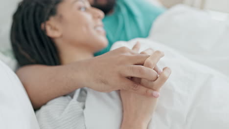 Home-bedroom,-holding-hands-and-couple-bonding