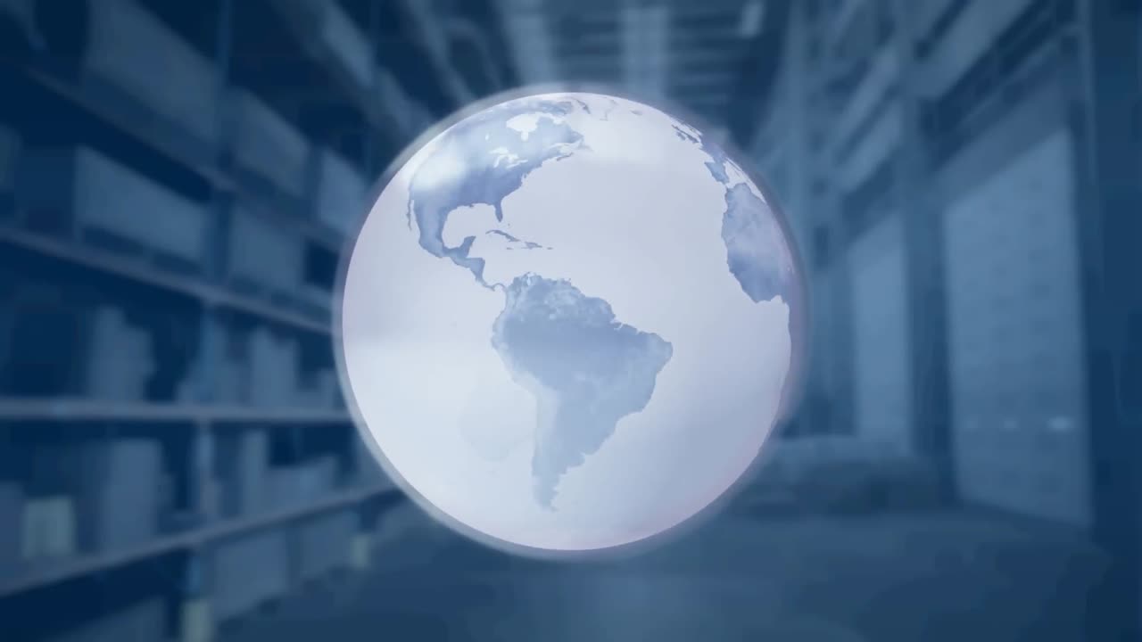 animación digital del globo giratorio contra el almacén en el fondo