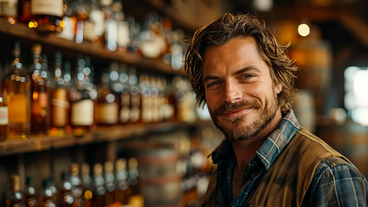 Uomo sorridente in un whiskey bar. Un uomo allegro posa in un bar rustico pieno di bottiglie di whiskey, che mostra un'atmosfera calda e un arredamento invitante