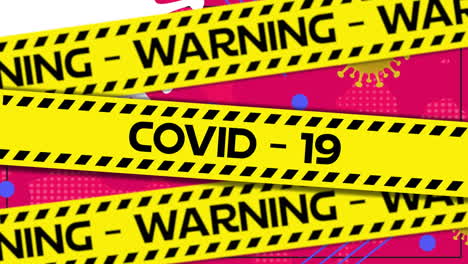 animación del texto de covid 19 en cintas y células sobre fondo rojo