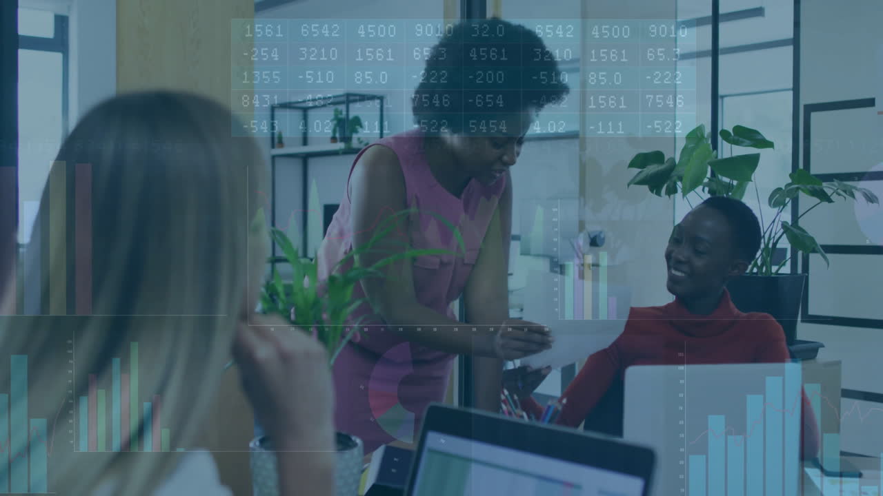 Processing financial data, diverse business people collaborating in office setting