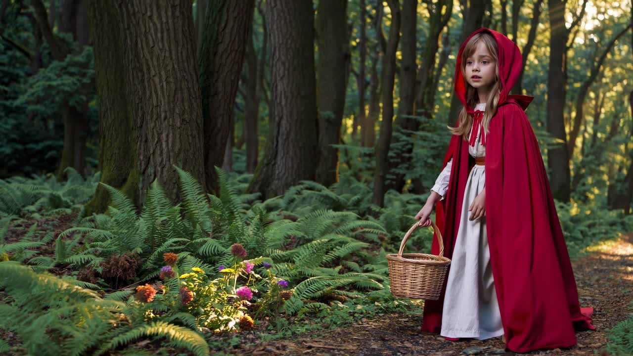 A cinematic video scene of a child in a red cloak, holding a basket in a sunlit forest