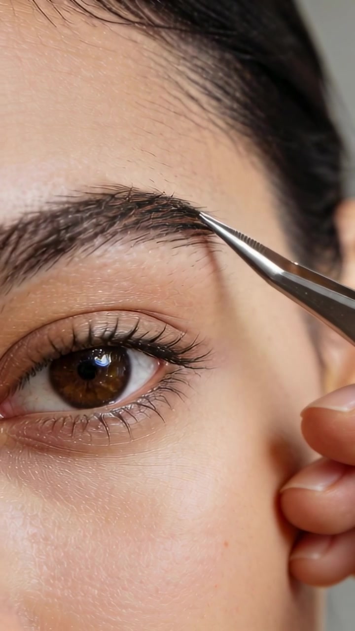 Vertical video: Plucking woman shaping brow as slanted tweezers approach at vanity