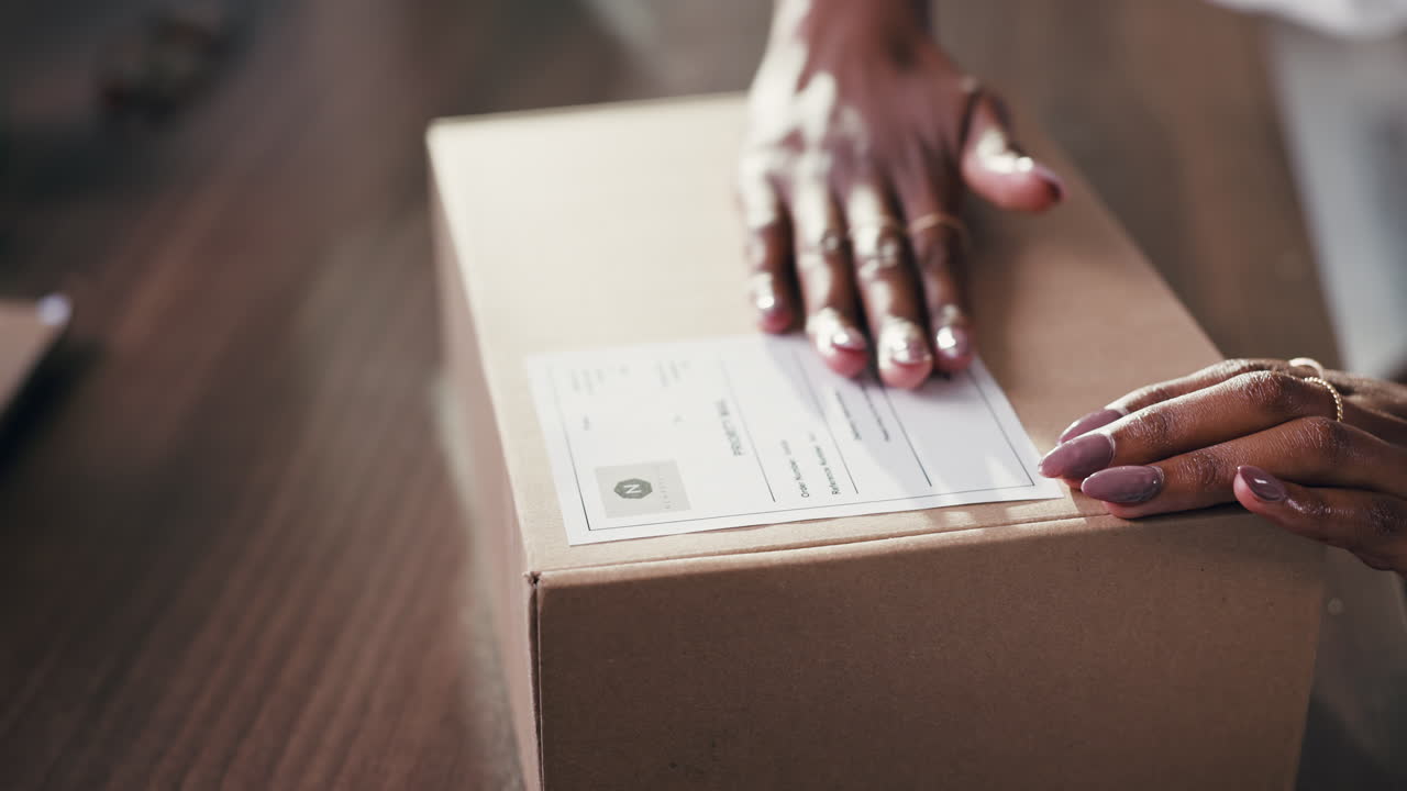 Close-Up of Hands Applying Shipping Label to Cardboard Box