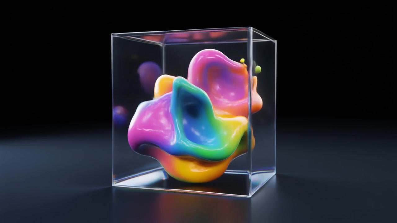 Colorful Liquid Abstract Shape Moving Inside a Glass Cube