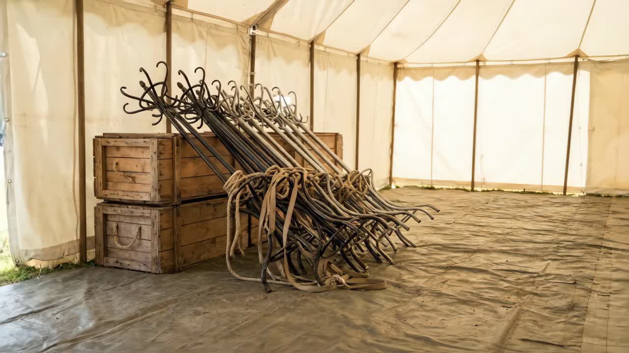 Pali da tenda metallici e corde raggruppati all'interno di una tenda in tela.
