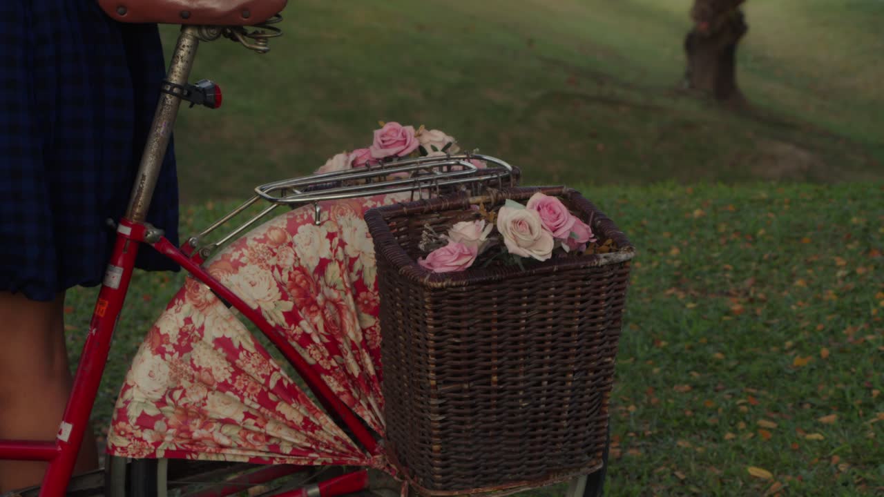 Woman on a vintage bicycle with floral basket in a park