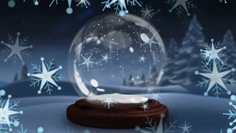 Animation-of-christmas-snowflakes-falling-over-snow-globe-in-winter-landscape