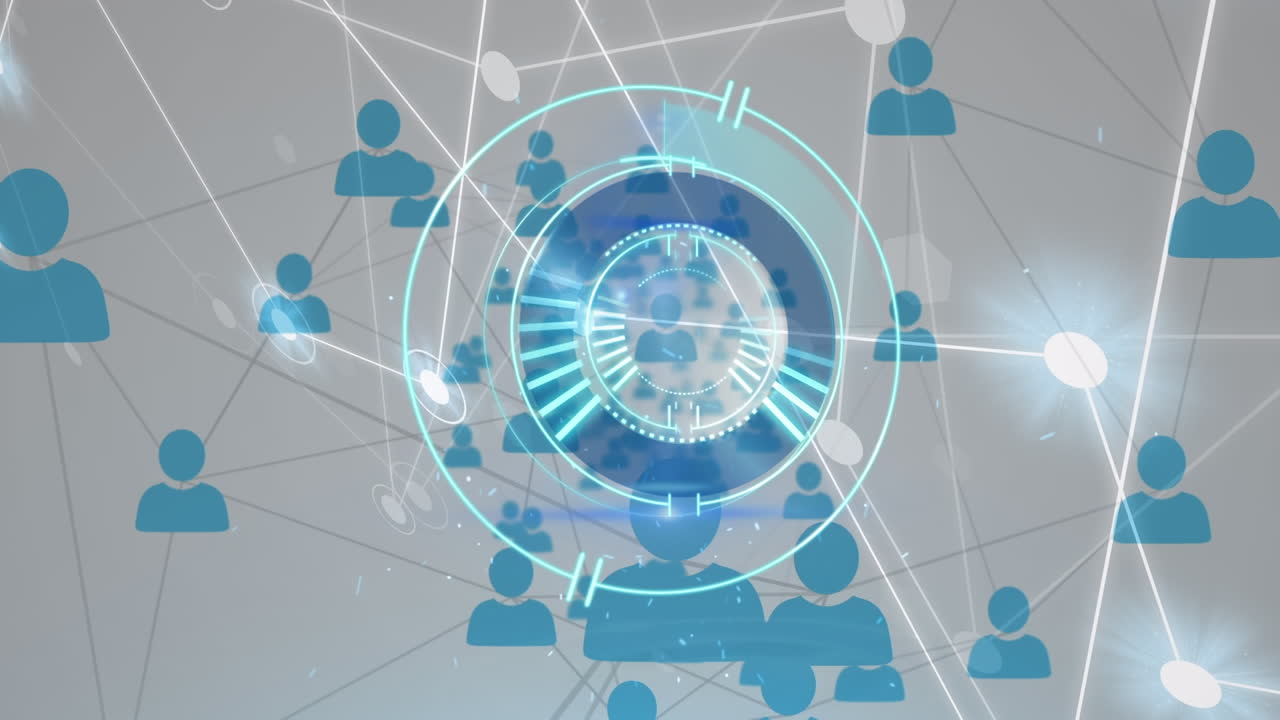 회색 배경에 네온 둥근 스캐너와 프로필 아이콘 네트워크의 애니메이션