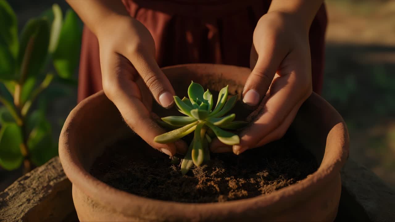 Hands planting a green succulent plant
