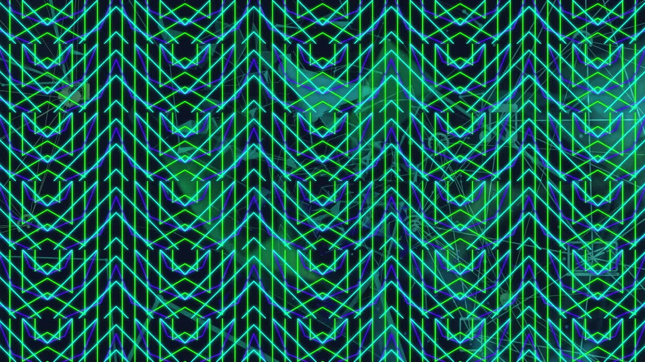 Animation of connections and kaleidoscopic geometrical shapes over black background