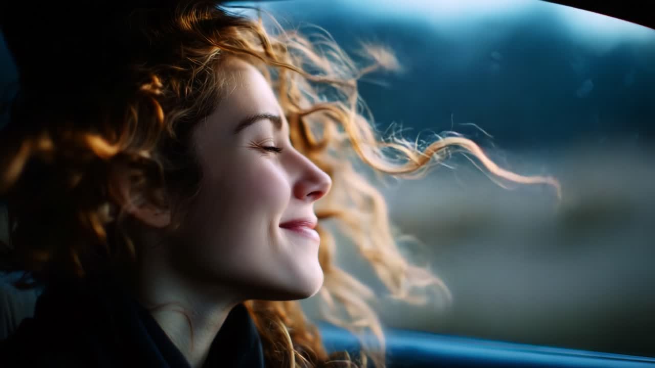 Capturing a Moment of Joy: A Young Woman with Flowing Curly Hair Enjoying a Serene Drive, Embracing the Breeze and Freedom Come with the Open Window Experience