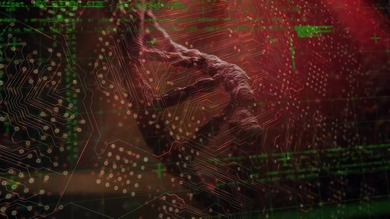 Digitale DNA-streng roteert met printplaatoverlay en datacode
