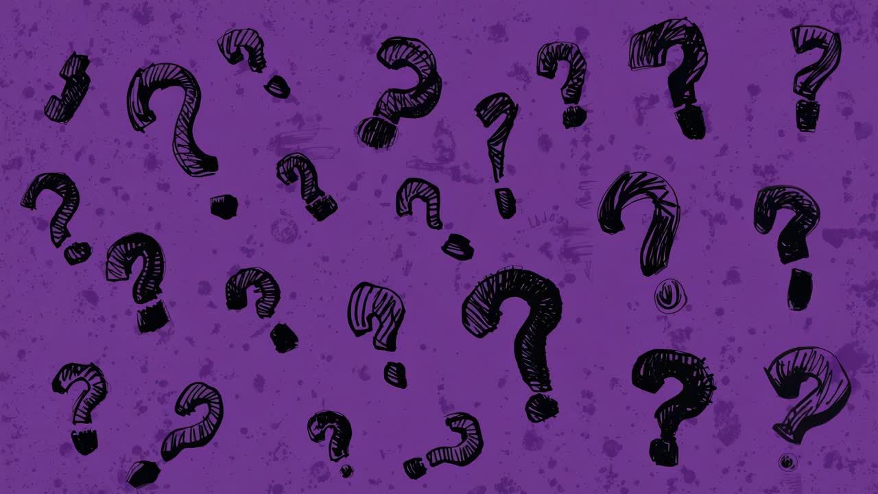 Loop starting sketch black question marks shifting on purple panel with ink dots forming loop
