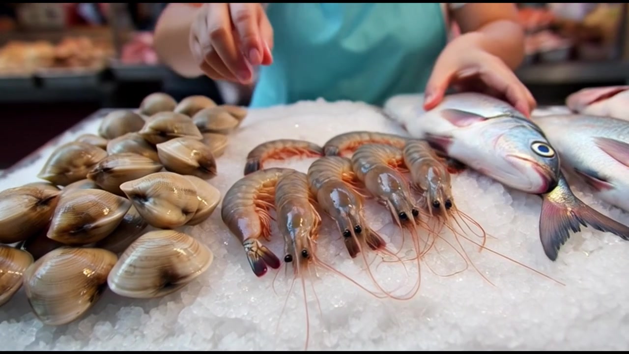 Fishmonger Arranging Fresh Seafood on Ice at Market