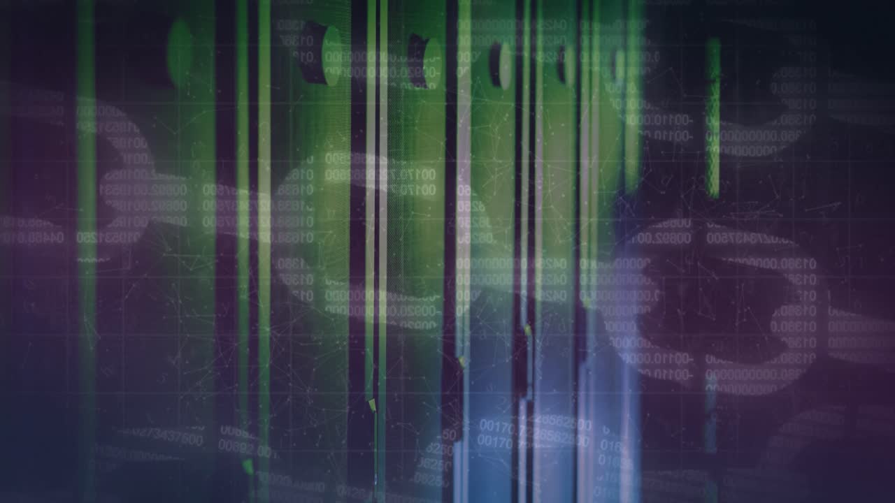 animación del icono de la cadena de seguridad y la red de conexiones contra la sala de servidores de computadoras