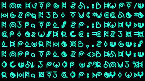 Motion graphics featuring lines of alien style hieroglyphs and written text rapidly changing in random sequences in mid-sized teal font - ideal for screen replacement content