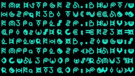 motion graphics featuring lines of alien style hieroglyphs and written text rapidly changing in random sequences in mid-sized teal font - ideal for screen replacement content